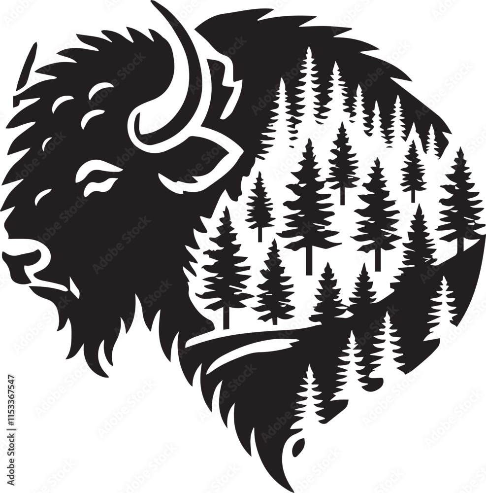 Fototapeta premium Bison head silhouette with forest