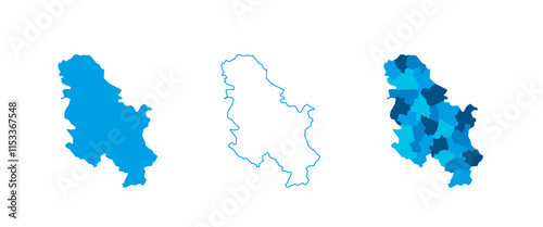 Serbia set of three maps - solid map, outline map and map highlighting administrative divisions. Three distinct maps illustrate various representations of a geographical area.