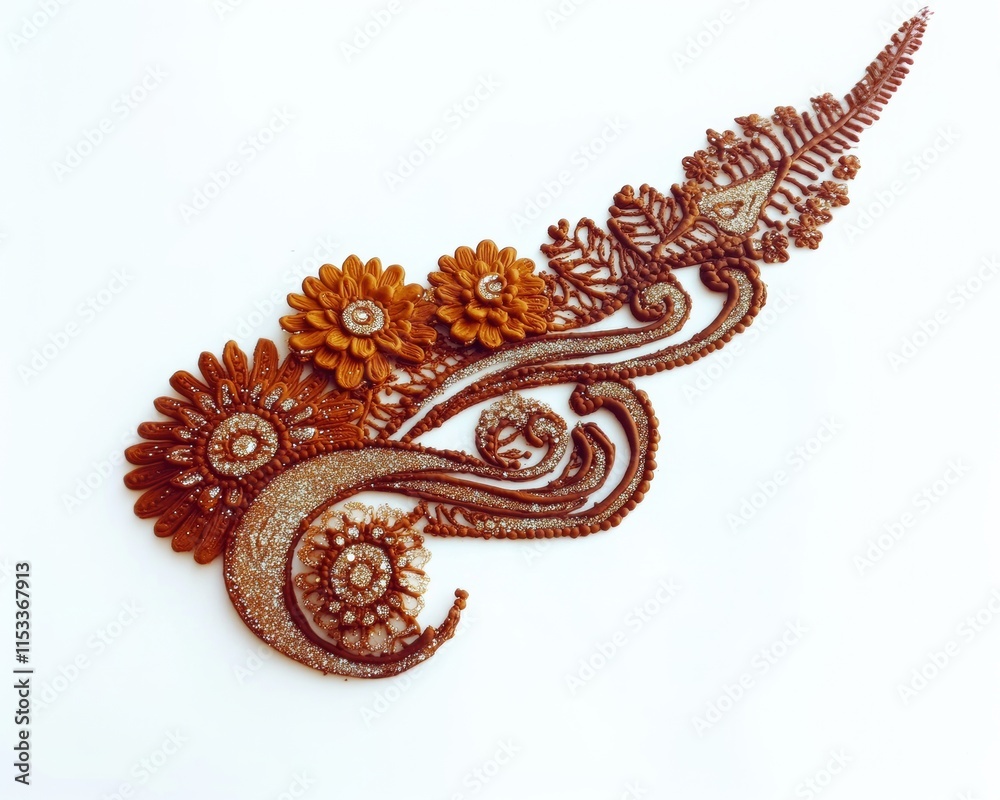 Obraz premium Intricate henna design featuring floral patterns and swirls on a white background.
