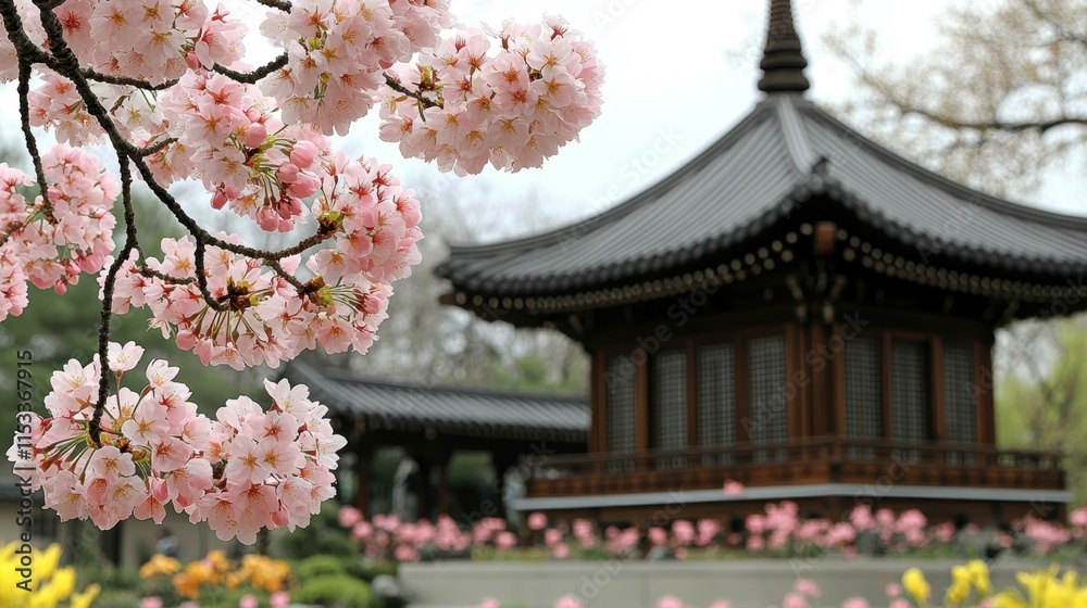 Japanese cherry blossom garden Wooden pagoda with intricate carvings Japanese cherry blossom garden Wooden pagoda with intricate carvings