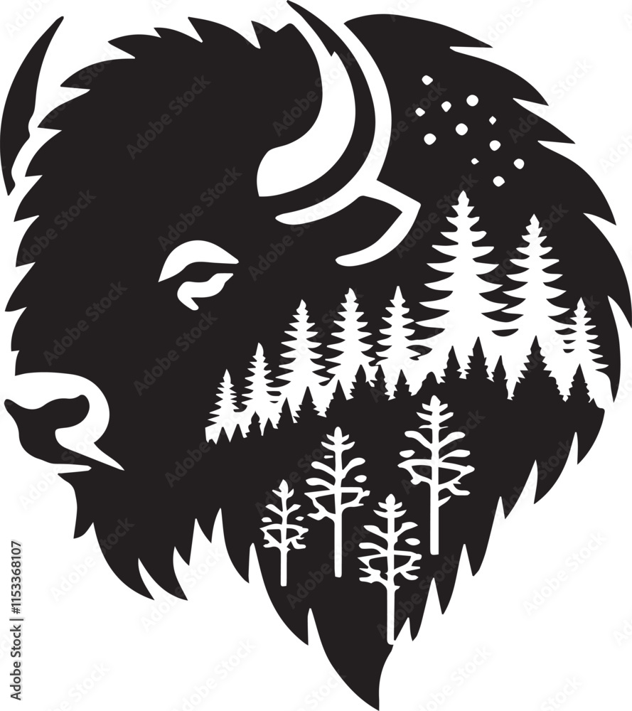 Fototapeta premium Bison head silhouette with forest