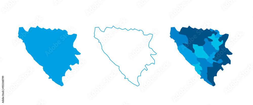 Fototapeta premium Bosnia and Herzegovina set of three maps - solid map, outline map and map highlighting administrative divisions. Three distinct maps illustrate various representations of a geographical area.