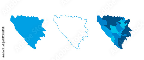 Bosnia and Herzegovina set of three maps - solid map, outline map and map highlighting administrative divisions. Three distinct maps illustrate various representations of a geographical area.