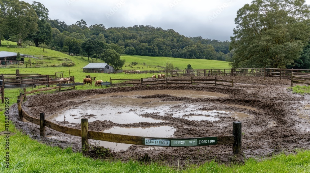 Fototapeta premium A muddy circular pen on a farm surrounded by green hills and trees.