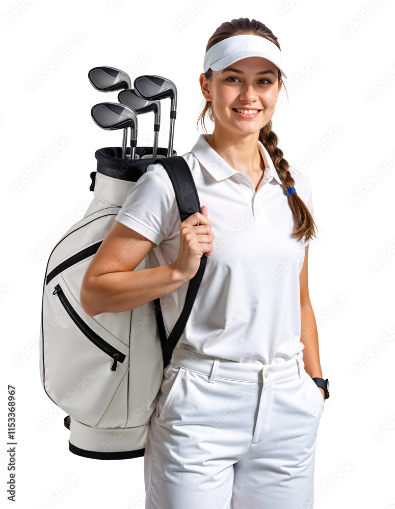 Female golfer of golf caddy holding a golf bag with multiple golf clubs inside