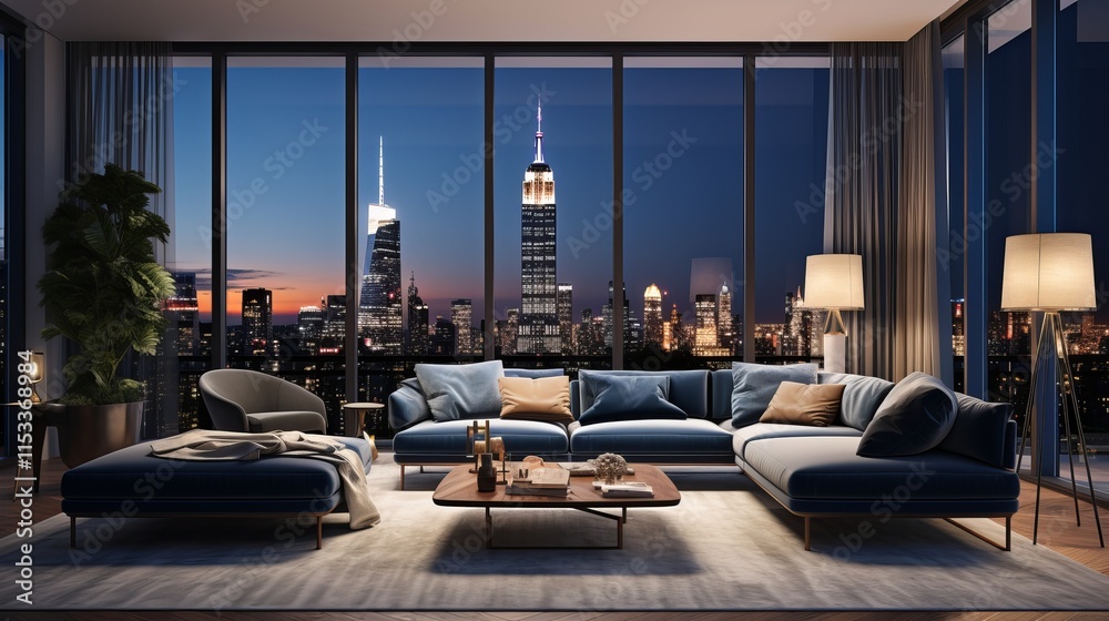 Evening elegance in a modern New York City apartment with skyline views. Generative AI Evening elegance in a modern New York City apartment with skyline views. Generative AI