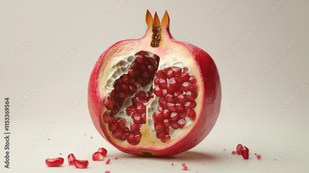 A close-up of a vibrant pomegranate sliced open, revealing the juicy seeds inside. The bright red seeds and scattered pieces create a fresh and appetizing scene, perfect for food and lifestyle A close-up of a vibrant pomegranate sliced open, revealing the juicy seeds inside. The bright red seeds and scattered pieces create a fresh and appetizing scene, perfect for food and lifestyle