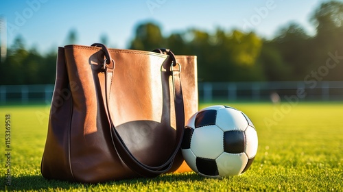 Soccer ball rests beside a stylish leather bag on a sunny field. Generative AI photo