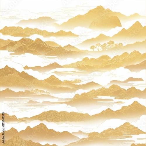 Light-colored background, mountains made of clouds and mist in the distance, Stereoscopic mountain range，vector illustration style, light gray and gold, flowing brushwork, landscape painting in the st photo