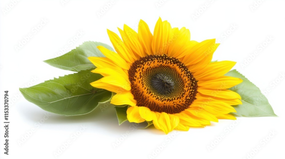 Fototapeta premium A single bright sunflower isolated against a pure white backdrop