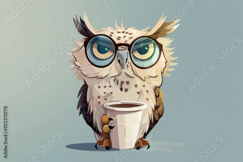  Cute cartoon owl holding oversized coffee cup, vibrant and funny morning art. photo