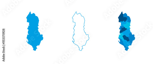 Albania set of three maps - solid map, outline map and map highlighting administrative divisions. Three distinct maps illustrate various representations of a geographical area.