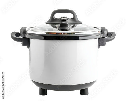 white electric rice cooker with glass lid and black handles, isolated on transparency background, showcasing its modern design and functionality