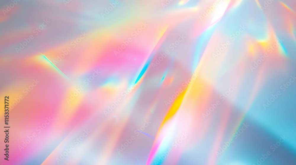 Holographic rainbow light refraction texture overlay with abstract soft bokeh effect on a white wall backdrop. Natural prismatic glow and shadows. Background with copy space. For design Holographic rainbow light refraction texture overlay with abstract soft bokeh effect on a white wall backdrop. Natural prismatic glow and shadows. Background with copy space. For design