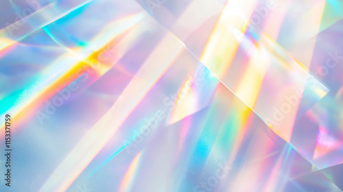 Holographic rainbow light refraction texture overlay with abstract soft bokeh effect on a white wall backdrop. Natural prismatic glow and shadows. Background with copy space. For design