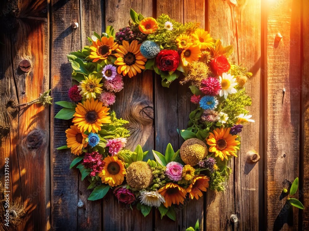 Fototapeta premium Summer Flower Wreath on Rustic Wooden Door - Vibrant Floral Summer Stock Photo