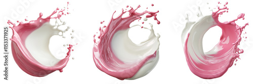 Strawberry milk mixed white milk. Pink and white color liquid on transparent background
