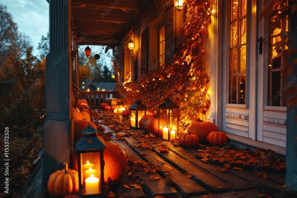 Naklejka premium Autumn Harvest: Porch Decorated with Pumpkins and Lanterns, Thanksgiving Home Exterior Decoration