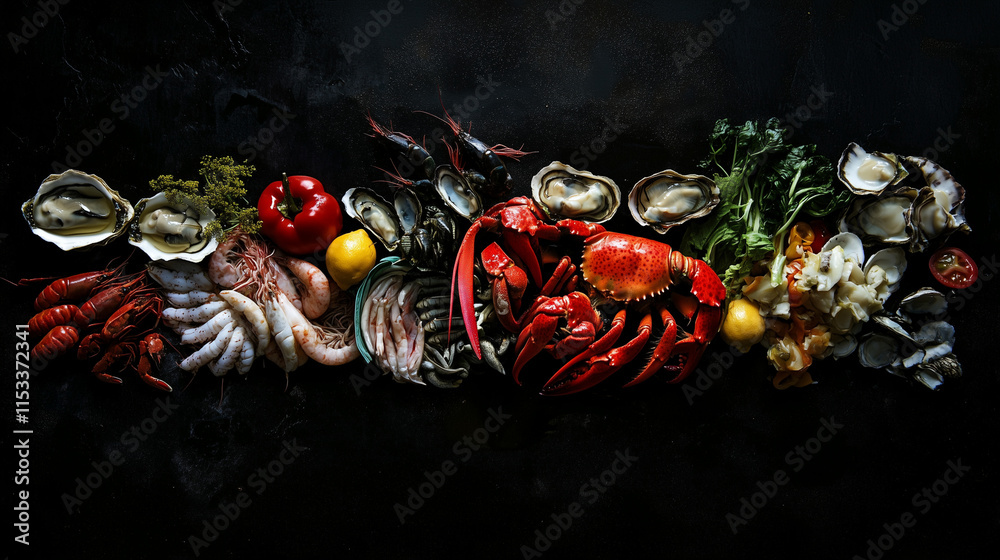 Naklejka premium Variety of fresh seafood, shrimp, crab, oyster, lobster, scallop, squid on dark background, empty space, high angle view.