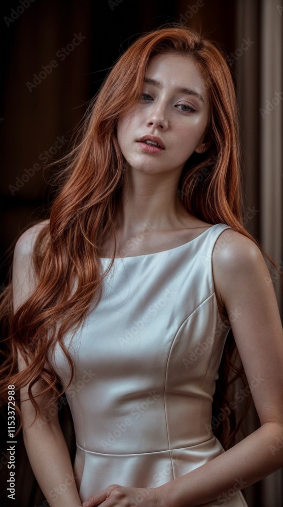 Naklejka premium A Korean woman with red hair is wearing a sleeveless white dress and is gently touching her hair with one hand.