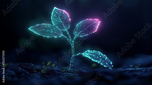 Glowing neon plant seedling sprouting from dark soil.