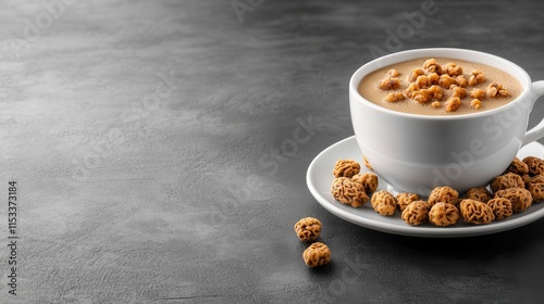 Creamy tigernut drink in white cup with roasted tigernuts. photo