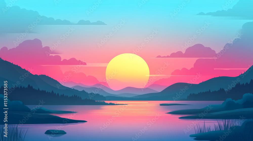 Fototapeta premium the generated image of the beautiful sunset or sunrise summer landscape with a serene lake and vibrant, colorful skies.