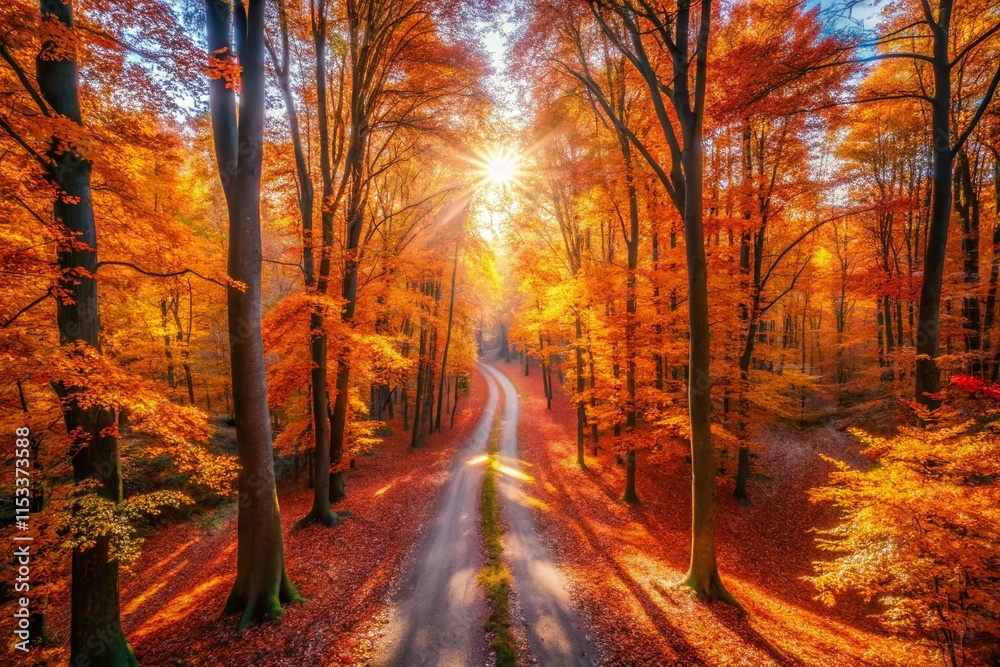 Obraz premium Sunlit Autumn Forest Path: Drone View of Golden Leaves and Majestic Trees