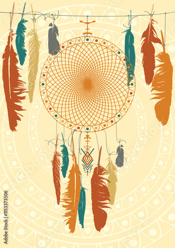 A4 vector banner on the theme of paganism, magic and witchcraft with bird feathers and dreamcatcher in the folk style