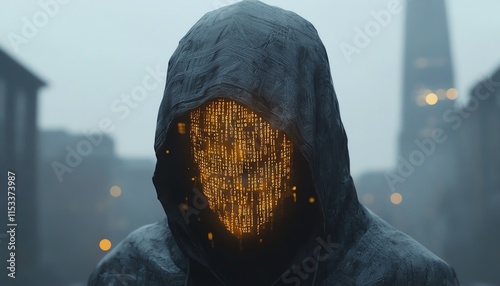 A mysterious figure in a hoodie, with a face composed of glowing binary code, embodying an anonymous hacker or programmer in a futuristic digital environment