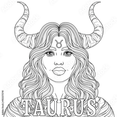 Taurus Woman.Astrological Zodiac Sign.Coloring book antistress for children and adults. 