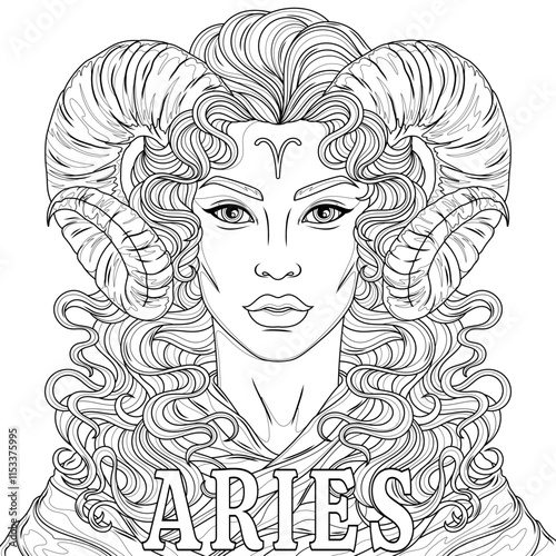 Aries Woman.Astrological Zodiac Sign.Coloring book antistress for children and adults. 