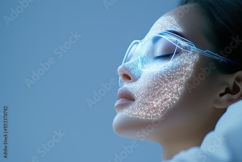 Close-Up of Face Scanning with AI-Powered Glasses. Advanced Facial Recognition Technology. Glowing Digital Points Representing Data Analysis. Innovative Healthcare Device. AI Diagnostics. AI generated photo