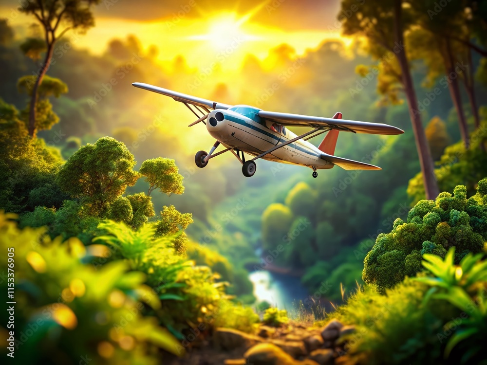 Surreal Airplane Takeoff: Green Foliage Fantasy - Stock Photo Surreal Airplane Takeoff: Green Foliage Fantasy - Stock Photo