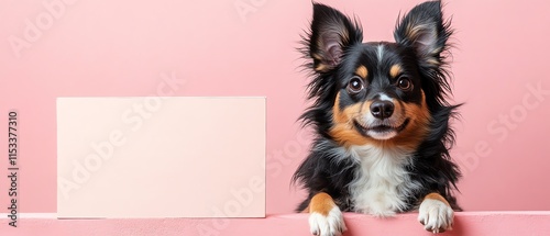 A charming dog sitting next to a blank board on a light pink background, perfect for petrelated campaigns and marketing concepts photo