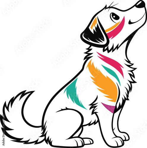 Rainbow Pup: A cheerful cartoon dog, vibrantly colored, sits and gazes upward, radiating joy and playful energy