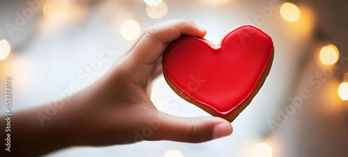 child's hand holding heart-shaped gingerbread cookie with red icing, perfect valentines day love concept mockup, festive sweet treat idea