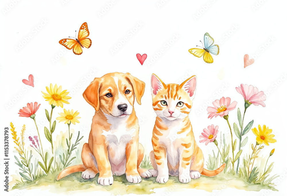 Fototapeta premium Puppy and kitten are friends, butterflies are flying around, watercolor style illustration