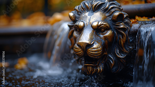 Bronze lion fountain head, autumn leaves. photo