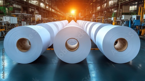 Large paper rolls in a factory.