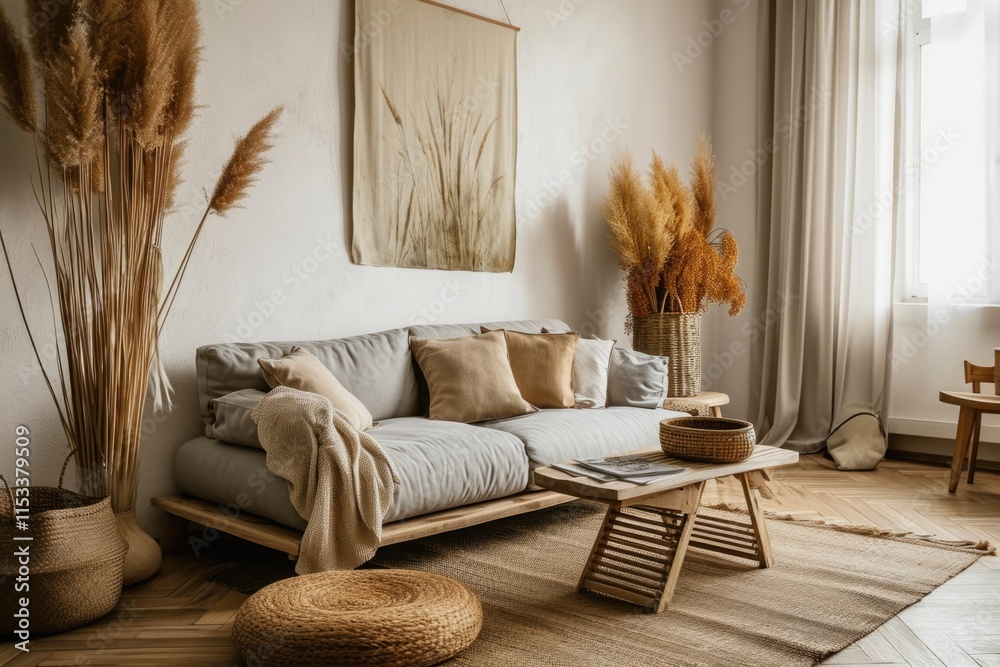 Fototapeta premium Modern Luxury Living Room Interior with Modular Sofa, Elegant Furniture, and Rattan Decor