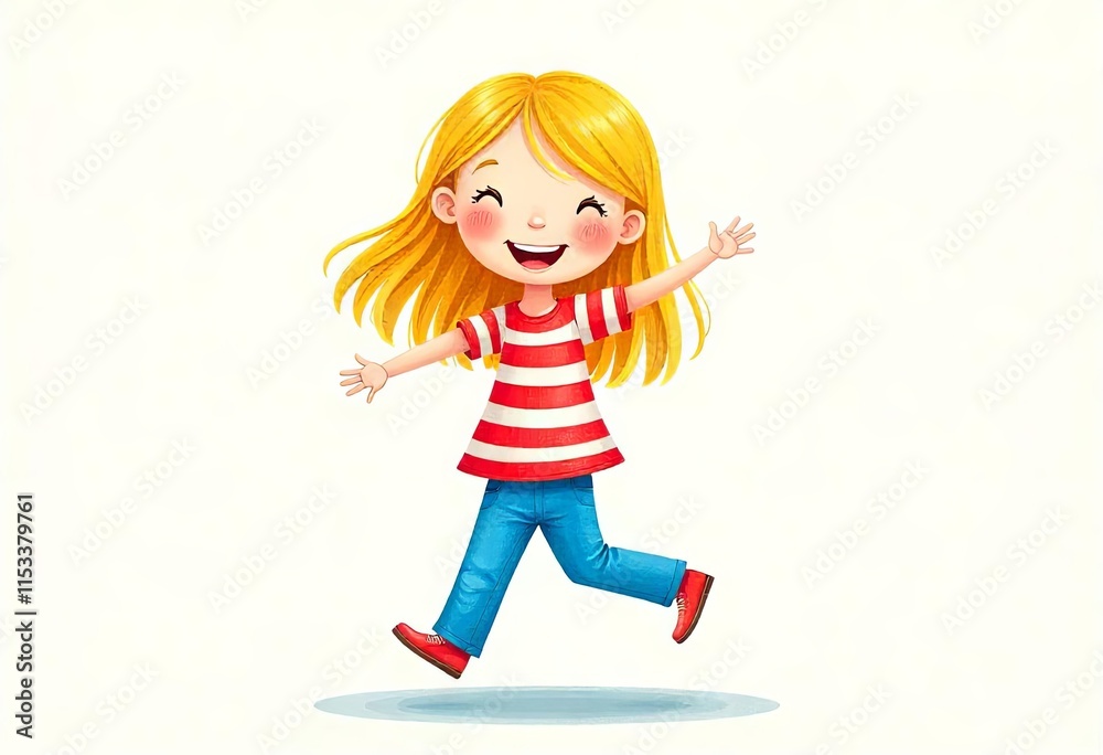 Children's pencil drawing of a blonde girl in a red and white striped T-shirt and jeans. Active child Children's pencil drawing of a blonde girl in a red and white striped T-shirt and jeans. Active child