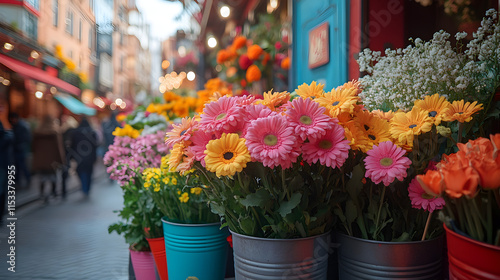 Colorful gerbera daisies in flower shop display.