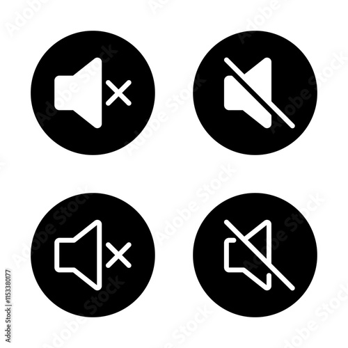 Mute sound icon set on black circle. No volume audio sign symbol