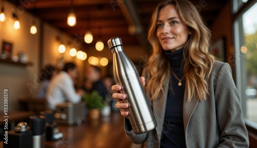 Stylish thermos mockup held by a woman in cafe setting with warm lighting