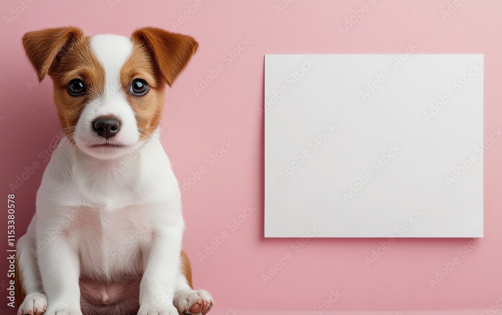Adorable dog sitting next to a blank whiteboard on a pink background ...