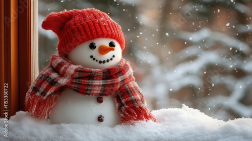 Festive snowman in red hat and scarf on snowy windowsill.
