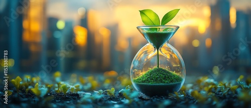 An hourglass containing a green plant, symbolizing sustainability and urban growth, with a city skyline in the background representing the balance between nature and development photo