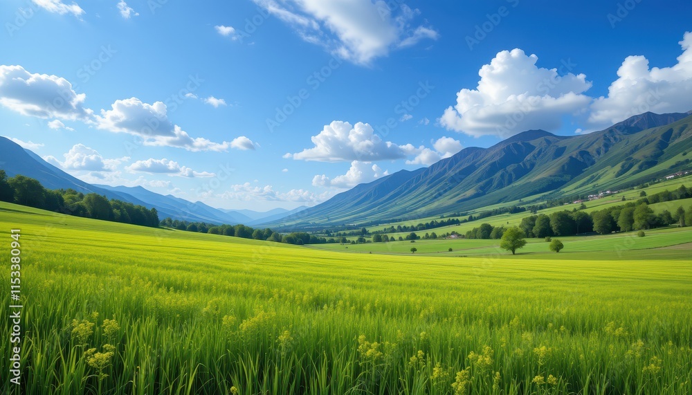 Lush Green Valley Meadow Surrounded By Majestic Mountains Lush Green Valley Meadow Surrounded By Majestic Mountains