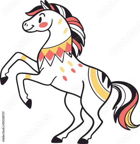 Majestic Cartoon Horse: A charming illustration of a rearing horse, adorned with vibrant, geometric patterns